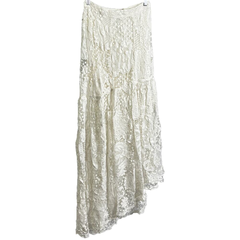 LoveShackFancy Sz 2 Skirt High-Low Maxi True White Floral Boho Romantic Lace